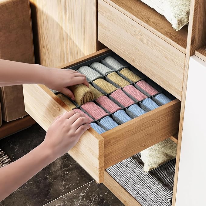 Joyoldelf Sock Drawer Organizer Divider Underwear Organizer 24-cell Fabric Dresser Drawer Organizers Storage Boxes for Socks Lingerie, Handkerchiefs, Ties 4 Pack (Grey)
