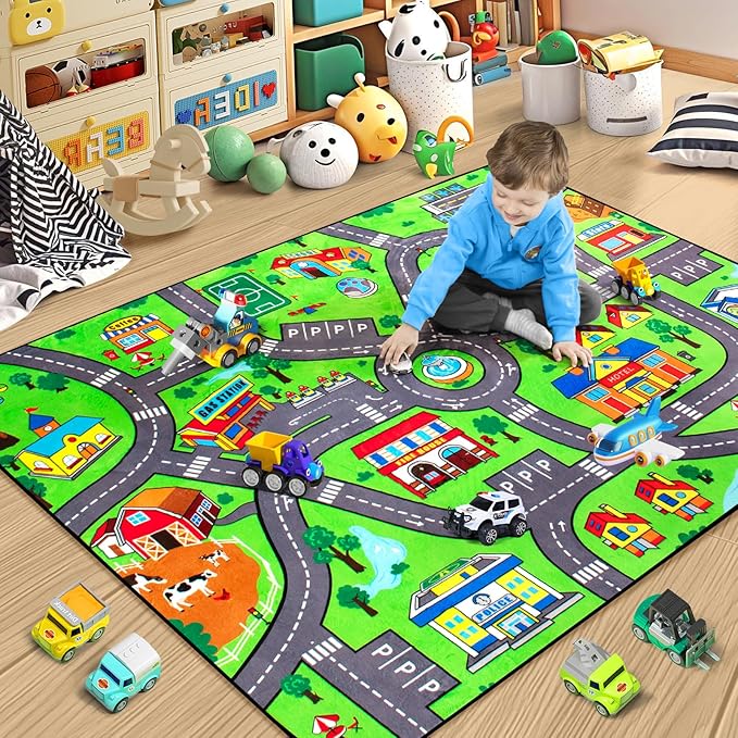 Road Car Rug,City Road Rug for Kids,4x6 Ft Kids Floor Play mat,and Car Carpet Play Mat with Realistic Colors – Perfect for Children and Non-Slip for Classroom,Playroom and Bedroom