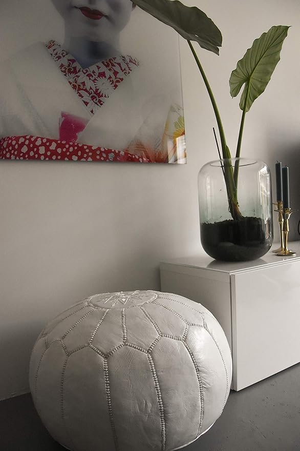 Poufs&Pillows Premium Moroccan Leather Pouf - Handmade - Delivered Stuffed - Ottoman, Footstool, Floor Cushion (White)