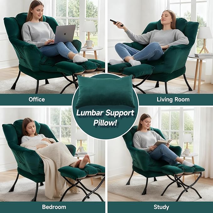 Lazy Chair with Ottoman, Modern Accent Chair with Lumbar Pillow, Velvet Dark Green Sofa, Lounge Chairs with Folding Footrest, Oversized Supportive Chairs for Bedroom, Reading
