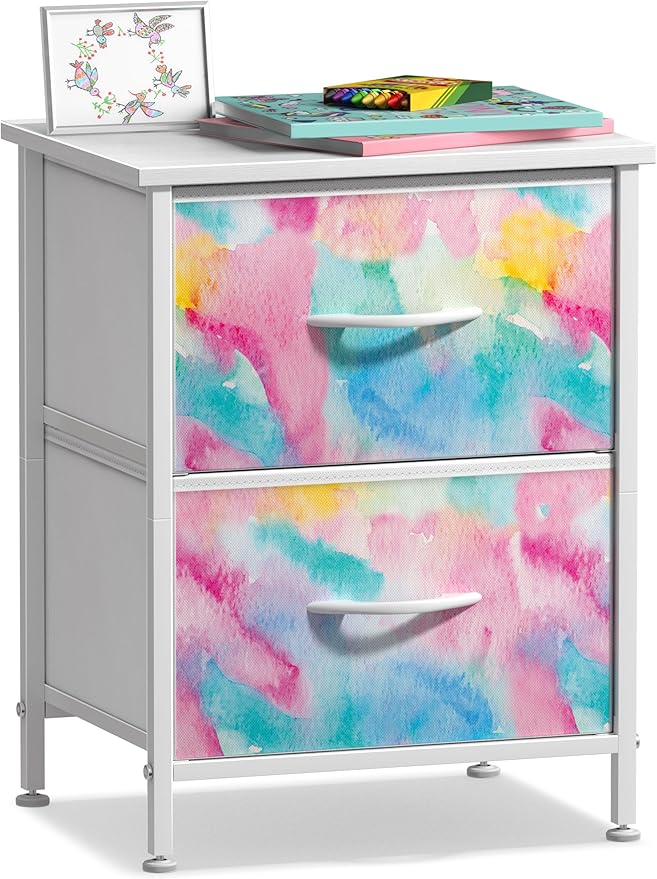 Sorbus Nightstand with 2 Drawers - Kids Bedside Furniture End Table Night Stand - Steel Frame, Wood Top & Easy Pull Fabric Bins - Dresser & Chest for Home, Bedroom Accessories, Office & College Dorm