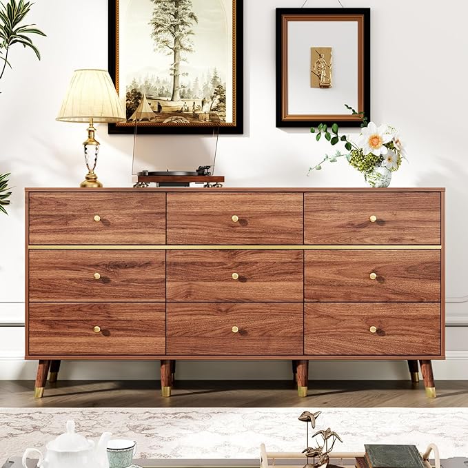 9 Drawer Dresser,63" Wide Mid Century Modern Chest of Drawers,Wooden Bedroom Drawer Dresser with 9 Storage Drawers for Bedroom, Living Room,with Anti-Tipping Device,Chestnut