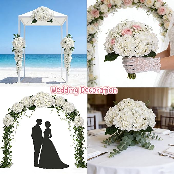 Kimura's Cabin 6pcs Faux White Hydrangeas Fake Flowers Artificial Silk Hydrangea Flower With Stems Bouquets Arrangement for Home Table Centerpieces Wedding Baby Shower Birthday Party Decoration(White)