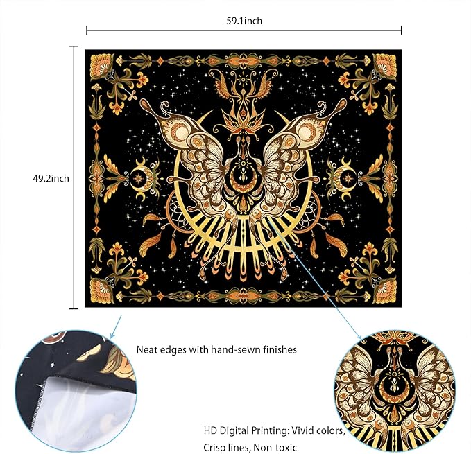 CHDGDHC Butterfly Moth Tapestry,Hippie Floral Aesthetic Wall Tapestries, Psychedelic Aesthetic Decor, Large Tapestry for Bedrooms, Living Rooms, and Dorms-59.1x49.2 Inch