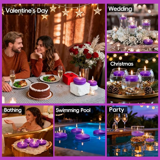 3 inch Purple Floating Candles 8-9 Hours Floating Candle for Centerpieces 30 Packs Unscented Floating Candles 3” Water Candles for Cylinder Vases, Pool, Wedding