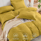 HYMOKEGE Mustard Yellow Queen Comforter Set Seersucker 7 Pieces, All Season Luxury Bed in a Bag Queen for Bedroom, Bedding Set with Comforter, Sheets, Pillowcases & Shams