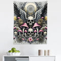 Ambesonne Gothic Tapestry, Blushy Mushrooms and Wingy Skull with Lace and Cactus Flowers Art Boho, Fabric Wall Hanging Decor for Bedroom Living Room Dorm, 23" X 28", Pink Grey Yellow Mustard