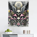 Ambesonne Gothic Tapestry, Blushy Mushrooms and Wingy Skull with Lace and Cactus Flowers Art Boho, Fabric Wall Hanging Decor for Bedroom Living Room Dorm, 23" X 28", Pink Grey Yellow Mustard