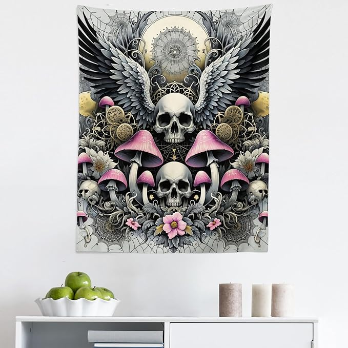 Ambesonne Gothic Tapestry, Blushy Mushrooms and Wingy Skull with Lace and Cactus Flowers Art Boho, Fabric Wall Hanging Decor for Bedroom Living Room Dorm, 23" X 28", Pink Grey Yellow Mustard