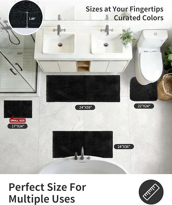 ILANGO Black Bathroom Rugs 24" × 17" Small Non Slip & Super Absorbent Extra Thick Soft, Washable Bath Mat for Floor, Microfiber Plush Shaggy Bath Rug with Rubber for Bathtub Shower Room Sink