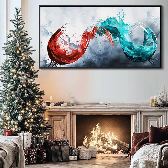 Framed Blue & Red Wine Glass Collisions Canvas Art | 24x48 inches | Modern Kitchen & Dining Room Decor | Abstract Wine Cup Painting | Contemporary Bar & Living Room Wall Art | pictures wall decor