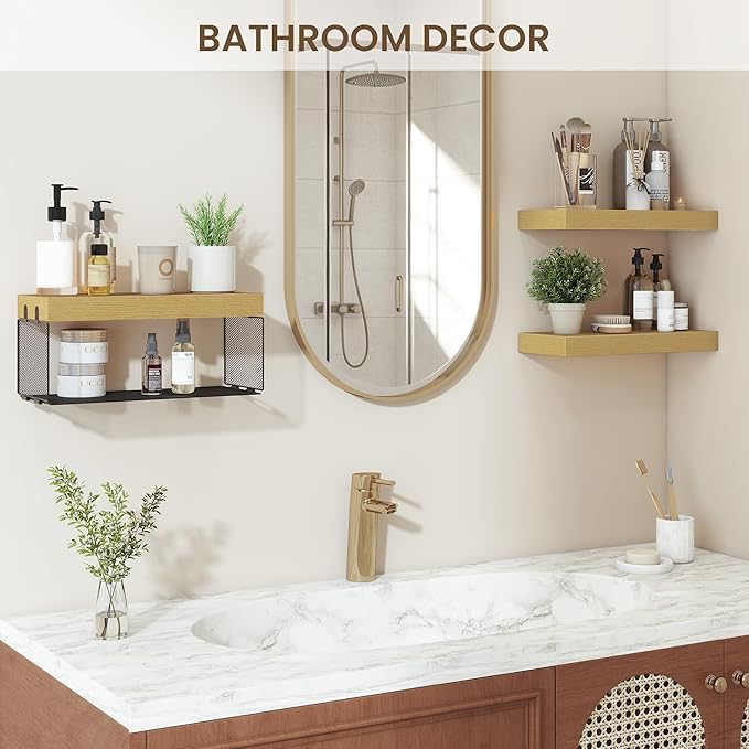 Bathroom Floating Shelves for Wall,16 inch Wall Mounted Floating Shelf Toilet Organizer and Storage,Small Farmhouse Decor Shelf,Oak,Set of 3