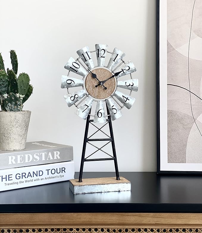 MODE HOME Rustic Windmill Table Clock for Living Room Decor, Vintage Galvanized Metal & Wood Desk Clock with Silent Quartz Movement, Farmhouse Windmill Decor for Living Room, Mantel, Shelf & Office