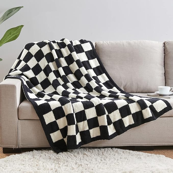CozeCube Super Soft Fullfy Microfiber Reversible Knitted Blankets, Warm Cozy Fuzzy Plush Throw, Black and White Checkered Throw Blanket for Couch Bed Sofa, 50" x 60"