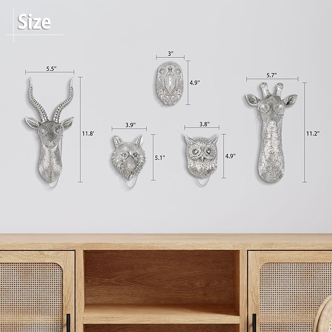 UITWMKTG 5 Pack Silver Animal Head Wall Decor Modern Home Decor Resin Animal Sculptures Wall Mount Vintage Head Wall Art for Living Room Hanging Decoration