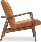 Poly & BARK Rowan Lounge Chairs Set of 2 – Mid Century Modern Leather Armchairs with Ribbed Seat and Solid Ash Wood Frame, Cognac Tan