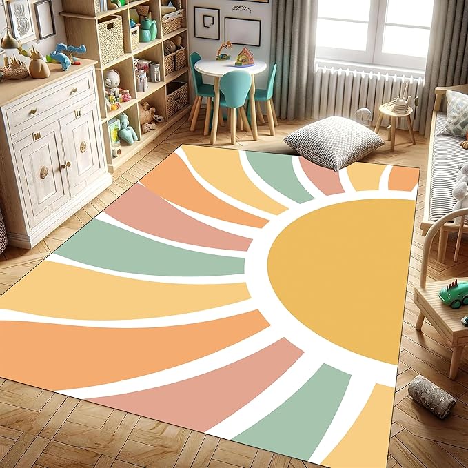 Machine Washable Rainbow Rugs Bedroom Fluffy Plush Soft Area Rugs Rainbow Sunshine Sun Print Living Room Non-Slip Indoor Flooring Kids Girls Boys Home Decor Aesthetics 6x9ft