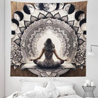 Ambesonne Mandala Tapestry Queen Size, Meditating Lady with Ethnic Florals and Lunar Phases Frame Rustic, Wall Hanging Bedspread Bed Cover Wall Decor, 88" X 88", Cocoa Charcoal Grey White
