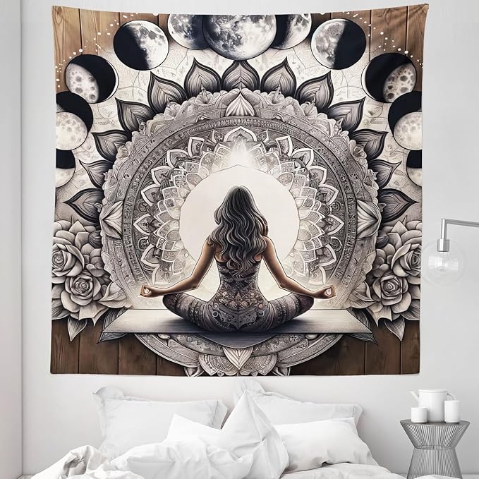 Ambesonne Mandala Tapestry Queen Size, Meditating Lady with Ethnic Florals and Lunar Phases Frame Rustic, Wall Hanging Bedspread Bed Cover Wall Decor, 88" X 88", Cocoa Charcoal Grey White