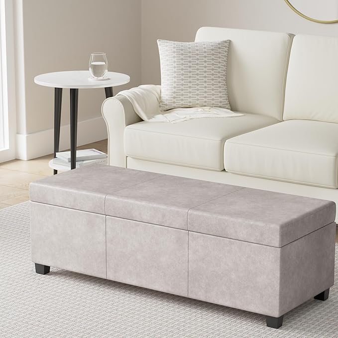 SIMPLIHOME Avalon Storage Ottoman Bench - 48 inch Wide Upholstered Vegan Leather Rectangular Lift-Top Ottoman in Distressed Grey Taupe, Contemporary Bench for Living Room with High-Density Foam