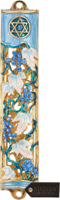 Matashi Hand Painted Blue and Ivory Enamel Grape Mezuzah Embellished with Gold Accents and Crystals Home Door Wall Decor Housewarming Present Gift for Festival (6 inch)