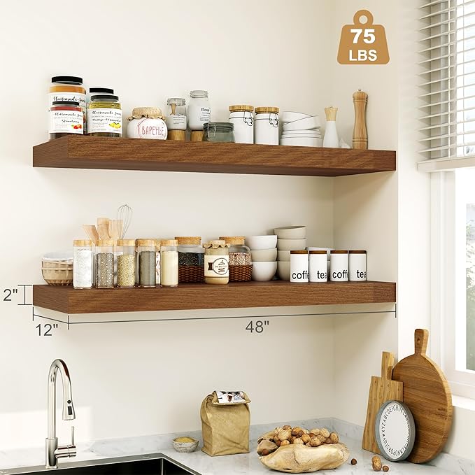 Heimlove Walnut Bathroom Shelf Floating Shelves for Over Toilet Long Wall Mounted Modern Farmhouse,48 x 12 with Invisible Brackets for Living Room, Kitchen, Bedroom