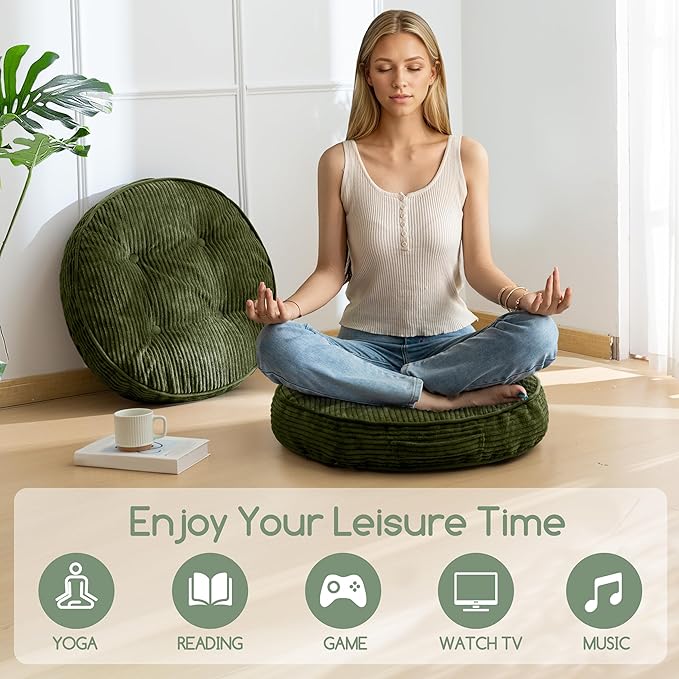 Washable Floor Pillow Cushion for Adults, Meditation Cushion Pillow, Large Round Floor Sitting, Removable Tufted Corduroy Cover, for Tatami Living Room or Yoga, 22x22 Inch, 2Pack, Machine Washable