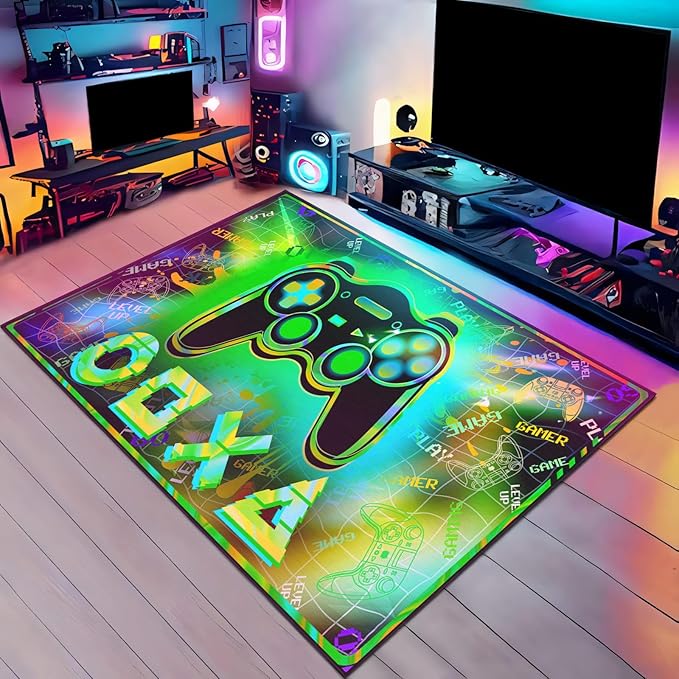 3'x5' Gaming Rug for Boys Room - Colorful 3D Printed Gamer Rug Gaming Decor for Boys Bedroom Green Gaming Area Rug Gaming Room Floor Mat Video Game Area Carpet for Kids Room & Dorm