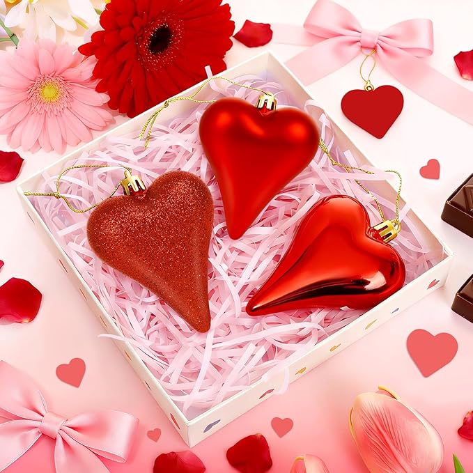 18 Pcs Valentines Tree Heart Ornaments Red Valentines Tree Decorations 3 Style 3.2" Heart Shaped Valentine Hanging Ornaments for Christmas Tree Wedding Party Decoration