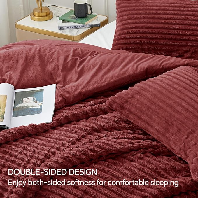 BEDELITE Fleece Queen Comforter Set -Super Soft & Warm Fluffy Burgundy Bedding, Luxury Fuzzy Heavy Bed Set for Winter with 2 Pillow Cases