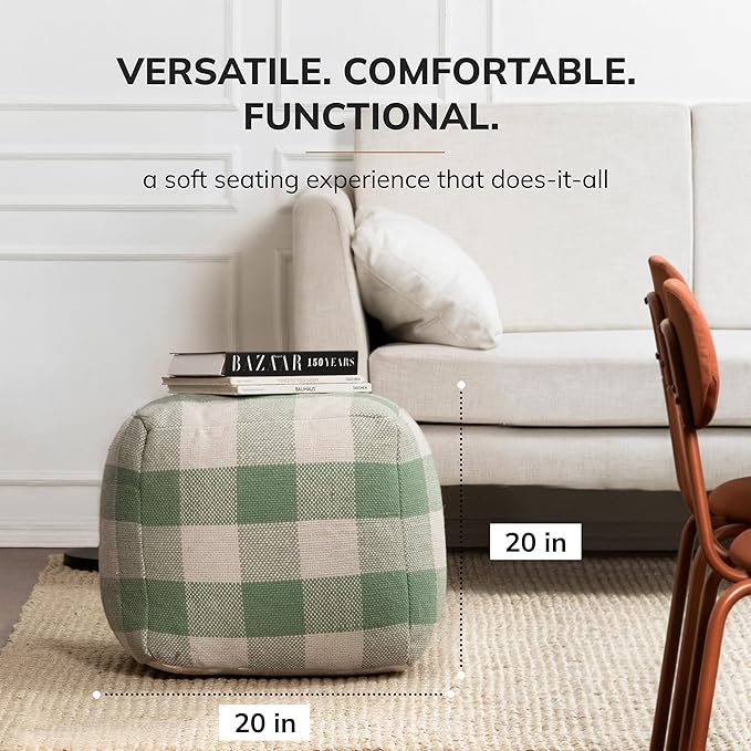 Anji Mountain 100% Handmade & Handcrafted Comfortable Home Décor Pouf Ottoman Footrest for Living Room, Bedroom, Nursery, Kidsroom, Patio Furniture - (20" x 20" x 20"- Green,Ivory)