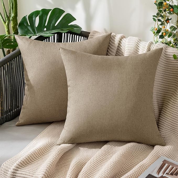 MIULEE Pack of 2 Decorative Outdoor Solid Waterproof Throw Pillow Covers Faux Linen Garden Farmhouse Cushion Cases for Patio Tent Balcony Couch Sofa 16x16 Inch Taupe Grey