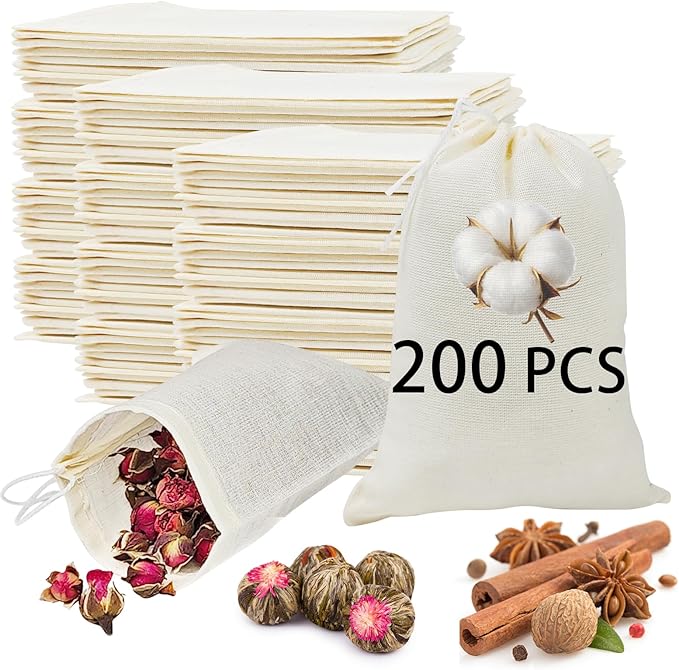 200PCS 3x4 Small Muslin Cloth Bags with Drawstrings - Reusable Empty Spice & Herb Bags for Cooking, Potpourri, cloth tea bags, cloth bags bulk