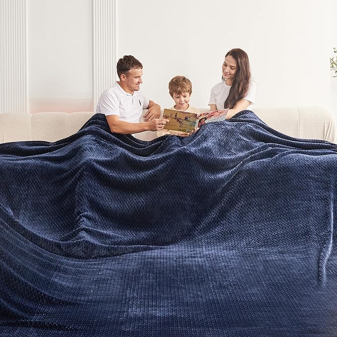 Oversized King Fleece Blanket 120x120 Inches, Seamless Soft Cozy 3D Jacquard Flannel Blanket 10'x10' Extra Large for Bed, Sofa, Couch, Travel & Camping, California King Throw, Navy Blue Leaf