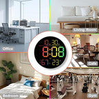 10 Inch LED Wall Clock with RGB Ambient Light, Auto-Dimming, RGB Color/Time/Date/Temp/Humidity Display, Dual Alarms & Timer, Adjustment Brightness,Digital Round Clock for Bedroom Classroom