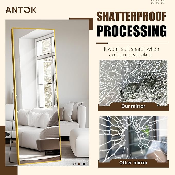 Antok Over The Door Mirror Full Length, 49'' x 14''Wall Mounted Hanging Mirror, Aluminum Alloy Frame, Shatterproof Glass, No Drill Installation for Bedroom, Closet, Bathroom, Dorm, Rect Corner, Gold