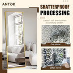 Antok Over The Door Mirror Full Length, 49'' x 14''Wall Mounted Hanging Mirror, Aluminum Alloy Frame, Shatterproof Glass, No Drill Installation for Bedroom, Closet, Bathroom, Dorm, Rect Corner, Gold