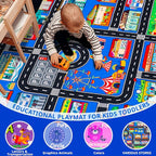 Kids Rugs for Toy Cars Playroom 110"×78.7" ABC Transportation Animals Play Mat Educational Mat Alphabet Area Rug Public Buildings Kids Playtime Collection Toddler Learning Carpet