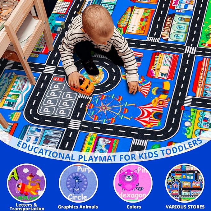 Kids Rugs for Toy Cars Playroom 110"×78.7" ABC Transportation Animals Play Mat Educational Mat Alphabet Area Rug Public Buildings Kids Playtime Collection Toddler Learning Carpet