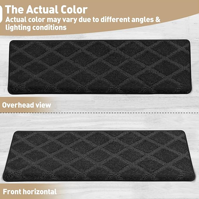 PURE ERA Bullnose Carpet Stair Treads Tape Free Non-Slip Indoor Stair Protectors Pet Friendly Stair Treads for Wooden Steps 9.5" x 30"(14 Pieces,Black Diamond Trellis)