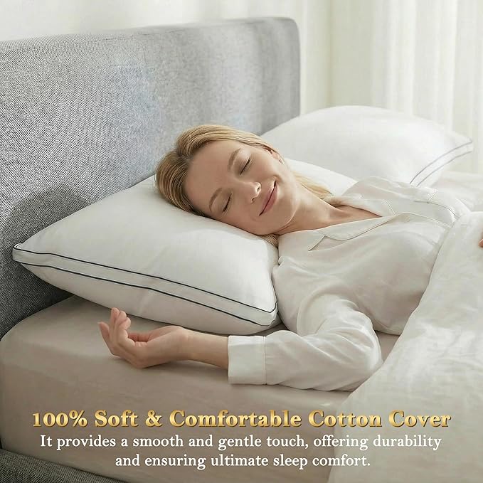 Feather Pillows Standard Size Set of 2 Goose Down Pillows with 100% Breathable Cotton Cover, Hotel Collection Bed Pillows for Sleeping, Soft Support for Back, Stomach and Side Sleepers