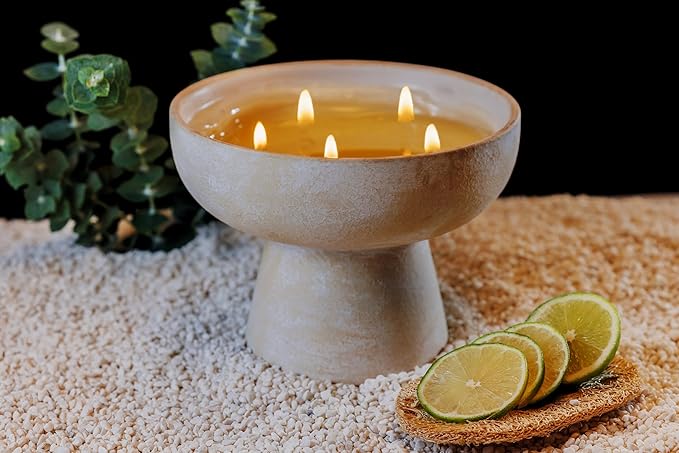 Blueme Focus Candle | Eucalyptus & Lime | 5 Wick - Refillable Wellness Candle with Essential Oils, Hand Finished & Poured Soy Wax Blend Ceramic Vessel, Natural Cotton Wicks | Large 24 oz