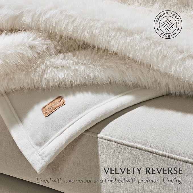 EVERGRACEHOME Luxury Faux Fur Throw Blanket, Soft Fluffy Faux Mink Blankets for Bed, Couch, Sofa, Thick Cozy Plush Warm Fur Throws with Reversible Velvet, Ivory Mink, 50"x60"