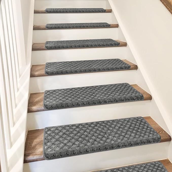 PURE ERA Bullnose Carpet Stair Treads Set Tape Free Non-Slip Indoor Stair Protectors Pet Friendly Rugs9.5" x 30"(2 Pieces,Grey Mini-Diamond Trellis)