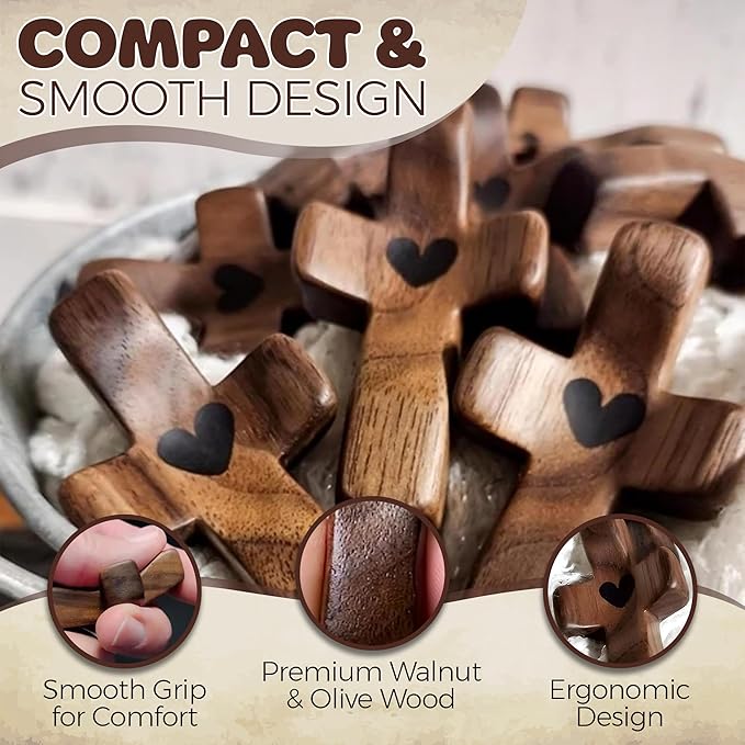 Cross My Heart,Wooden Cross,Encouragement Gift Stress Relief Cross,Prayer Cross for Hand,Pocket Cross Christian Gifts for Women and Fidget Toys for Children and Adults(Black 20Pcs