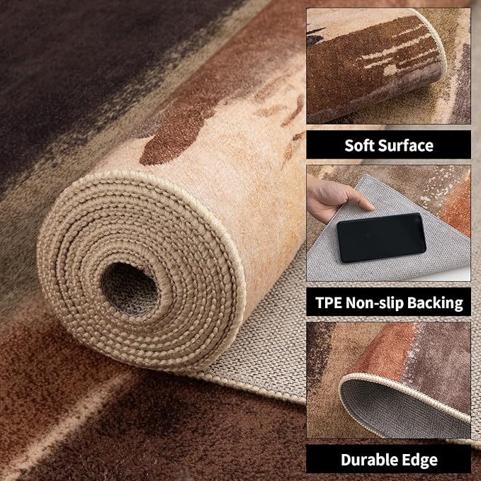 Ciicool Modern Abstract Rug for Living Room, 5'x7' Machine Washable Area Rug Non-Slip Rug, Low-Pile Contemporary Indoor Dining Floor Carpet for Bedroom Office Under Table Home Decor Brown Black