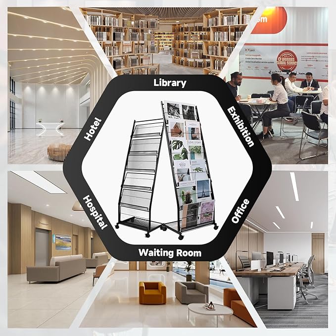 Floor-Standing Magazine Rack 6-Layer with Wheels, Brochure Display Stand for Exhibitions, Office, and Any Organization Requiring Information Display