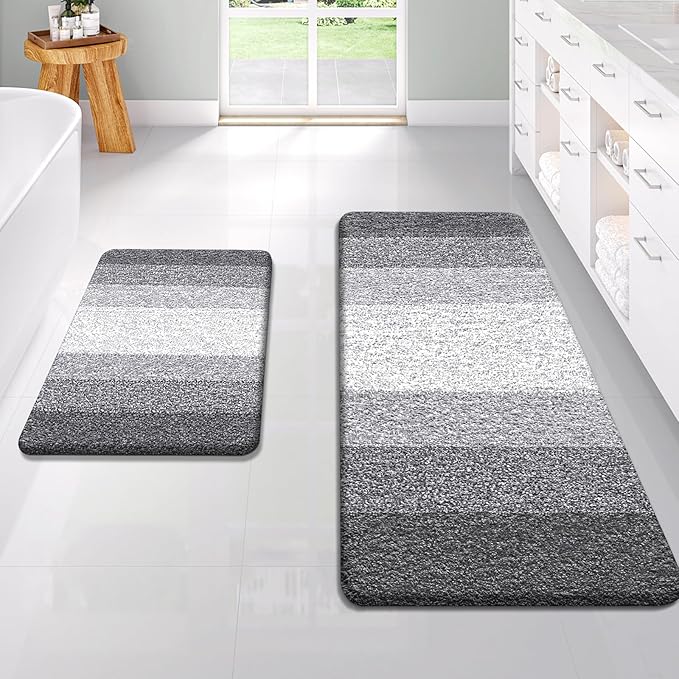OLANLY Bathroom Rug Set 2 Piece, Soft Absorbent Microfiber Bath Rug Set, Non-Slip, Machine Wash Dry, Plush Shaggy Bath Mats for Bathroom (47"x20"+24"x16", Grey)