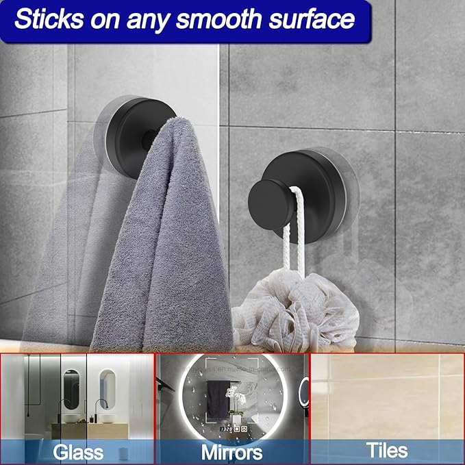 Suction Cup Hooks for Door Wreaths, Vacuum Suction Wreath Hanger for Front Door Window Glass, Bath Robe Looafh Shower Hooks for Inside Shower - 2 Pack, Black