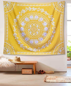 Lifeel Yellow Bohemian Tapestry Wall Hanging, Mandala Floral Medallion Hippie Tapestry with White Aesthetic Wreath Design, Gold Wall Decor Blanket for Bedroom Home Dorm,Large 68×80 inches